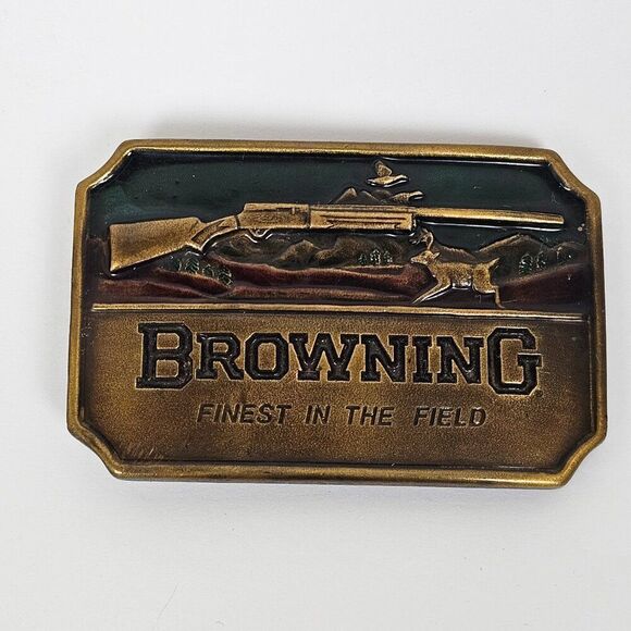 Vtg Browning Finest In The Field Belt Buckle Brass Hunting Rifle Buck Deer Rare - Picture 1 of 12